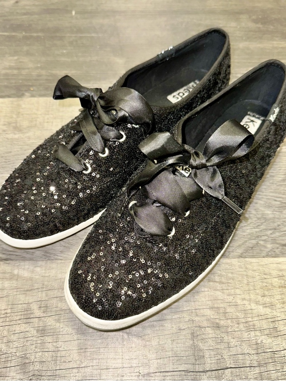 Keds Champion Glitter Black Sequin Sneakers Satin Lace Womens Size 9 EUC